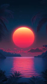 Neon pink sun descends over tranquil tropical lagoon at dusk.