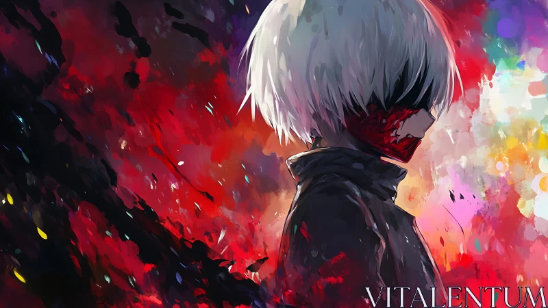White haired figure amid violent abstract crimson storm.