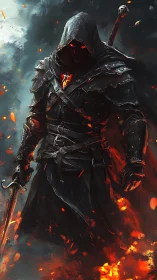 Hooded dark knight stands in burning embers with glowing core