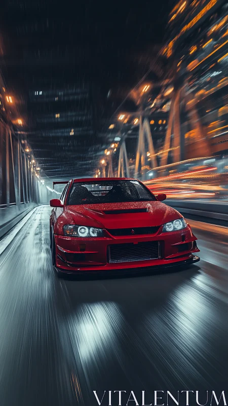 Midnight sprint with a vivid red tuner under city lights.