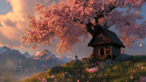 Cherry blossom tree sheltering small wooden hill cabin.