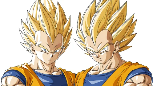 Two anime warriors stand side by side with spiked hair
