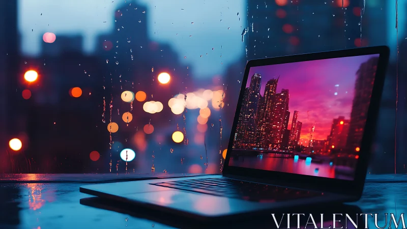 Laptop shows illuminated city skyline against rainy window