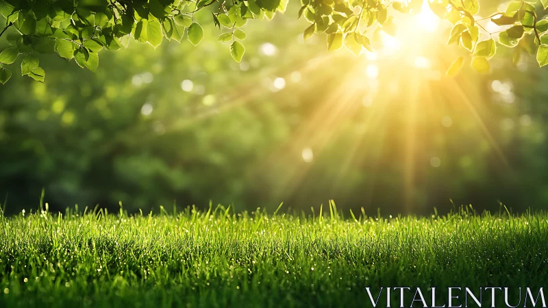 Sunlight Shining Through Leaves Over Lush Green Grass, Nature Scene.