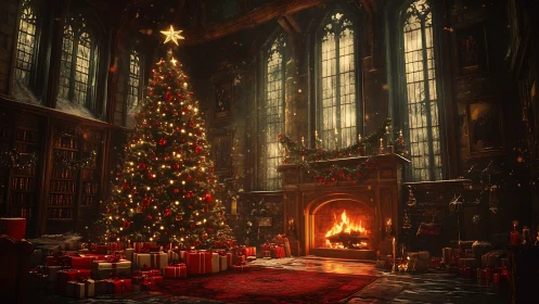 Grand hall Christmas tree beside roaring stone fireplace.