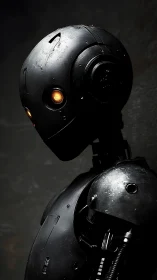 Black industrial robot portrait with glowing amber optics