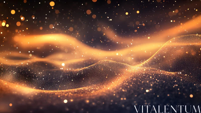 Abstract golden waves and glowing particles digital art background.