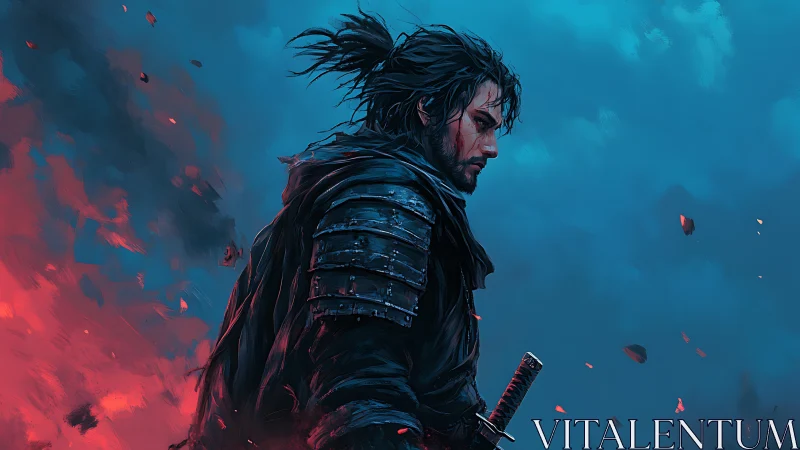 Digital painting of lone samurai in cinematic side profile.