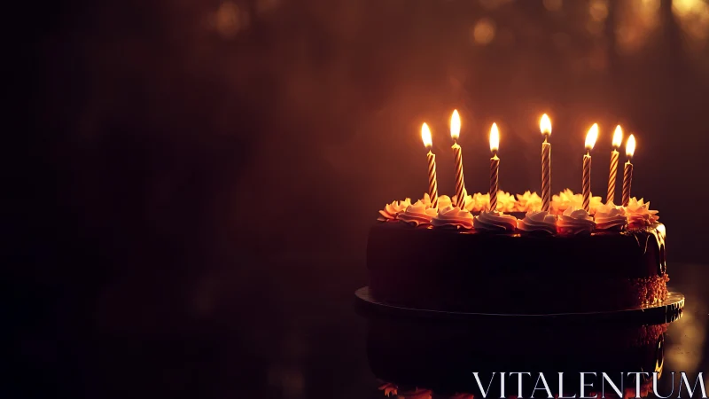 Birthday cake with lit candles in warm golden light.