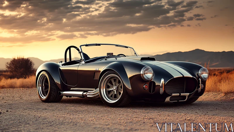 Low-slung classic roadster with racing stripes under warm sunset lighting