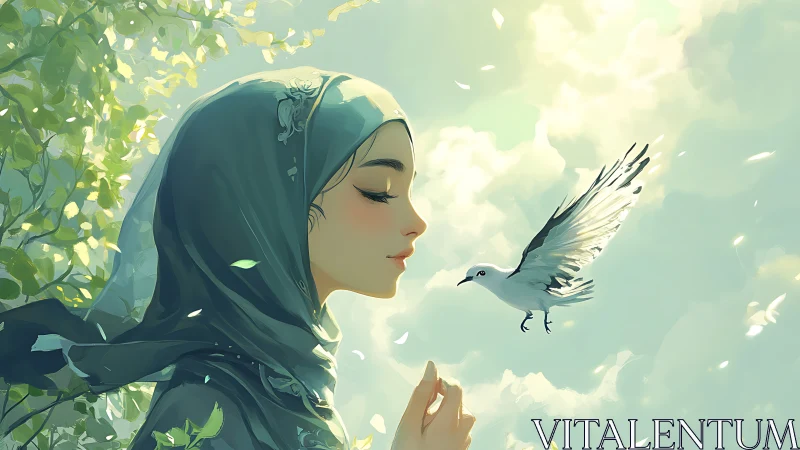 Side profile of veiled woman with bird against sky background.