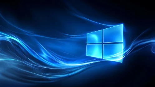 Glowing blue window icon floats in dynamic light waves.