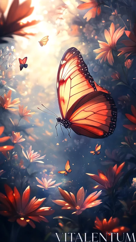 Radiant monarch butterfly illuminated within a bokeh floral haze