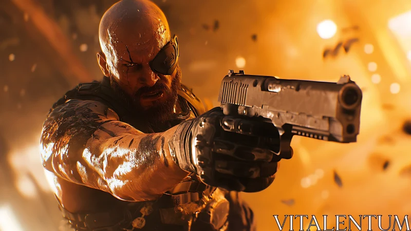 One-eyed mercenary ignites a molten firefight in flames.