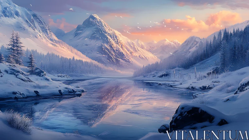 Snowy alpine river reflects pastel sunrise over peaks.