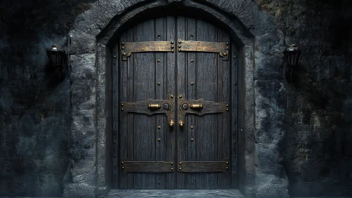 Weathered medieval double door with metal bracing and stone surround