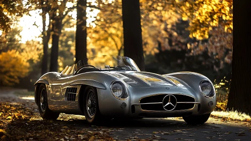 Timeless silver roadster rests softly in golden autumn light