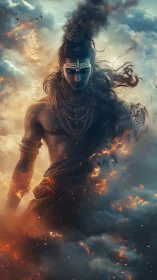 Digital painting of divine warrior in stormlit inferno clouds.