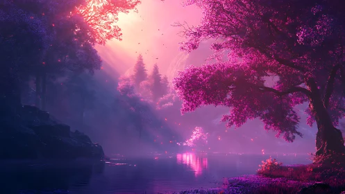 Luminous magenta forest lake in ethereal digital painting.