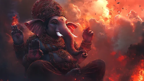Luminous ganesha deity amid turbulent volumetric fireclouds.