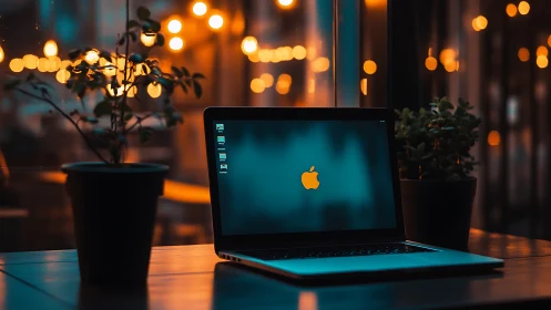 Moody laptop workspace framed by plants and bokeh lights.