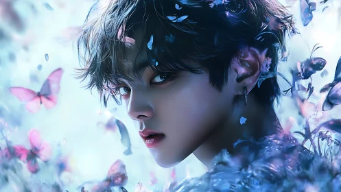 Dreamy young man surrounded by glowing blue butterflies.