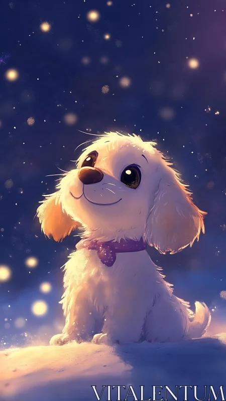 Cute white puppy sitting in glowing winter night scene.