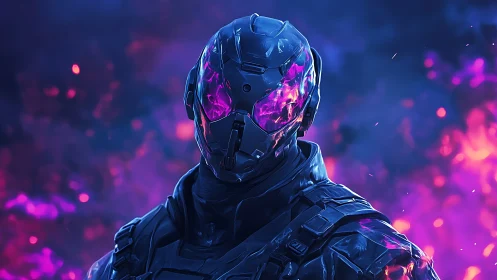 Plasma-eyed cyber soldier stands inside ultraviolet stormfire