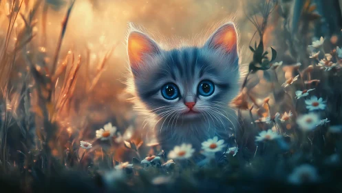 Blue Kitten Portrait in Wildflower Meadow Setting