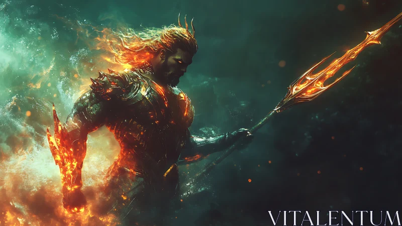 Fiery sea warrior strides through stormy depths with power