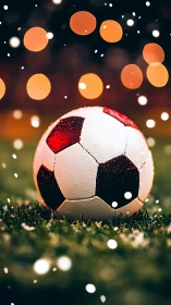 Snow-dusted soccer ball on wet turf under warm bokeh lights.