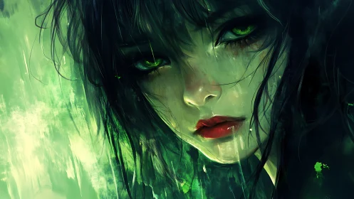 High-contrast green portrait depicts melancholic girl in dynamic brushwork