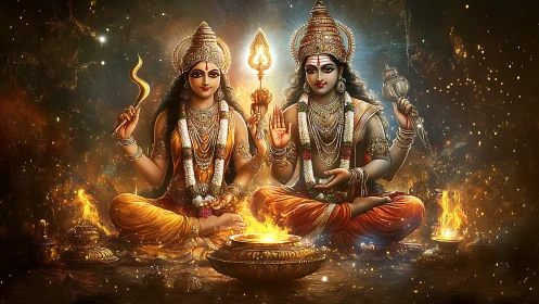 Radiant divine couple sits in glowing ceremonial warmth