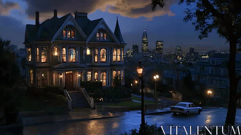 Victorian hillside mansion at blue hour with luminous windows.