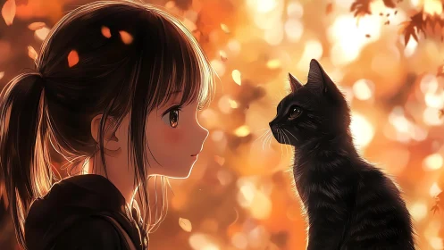 Gentle autumn moment between girl and black cat at dusk.