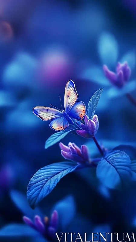 Butterfly resting on blue foliage in soft evening light.
