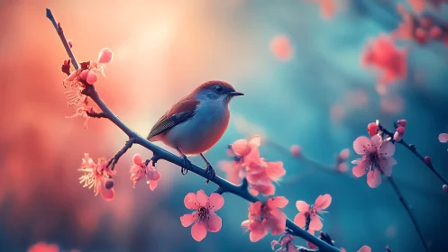 Soft spring songbird rests among glowing cherry blossoms