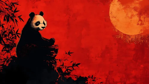 Graphic panda silhouette against textured crimson moonfield.