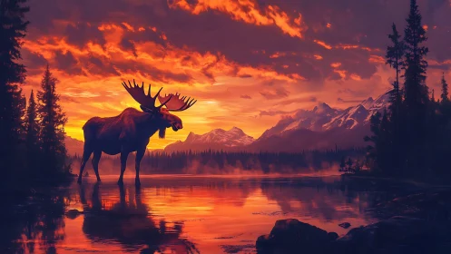 Moose in molten sunset light beside quiet mountain lake.