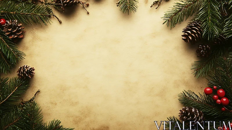 Christmas pine border frames warm vintage paper background.