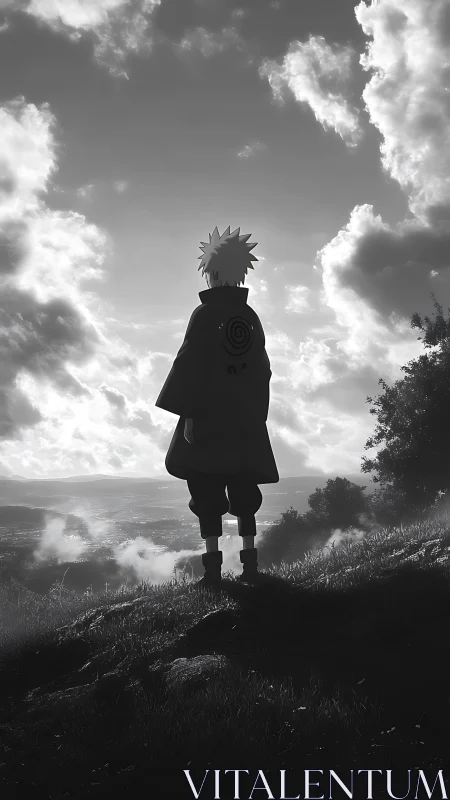 Silhouetted anime figure on hillside under dramatic sky at dusk