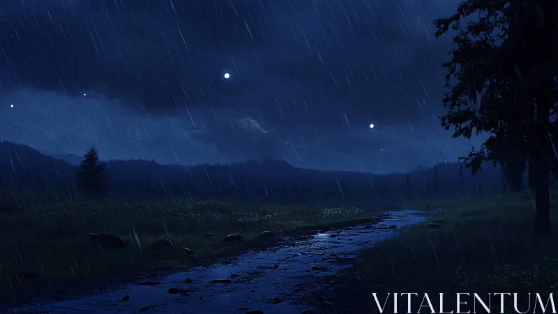 Night rain over quiet meadow stream under dark sky.