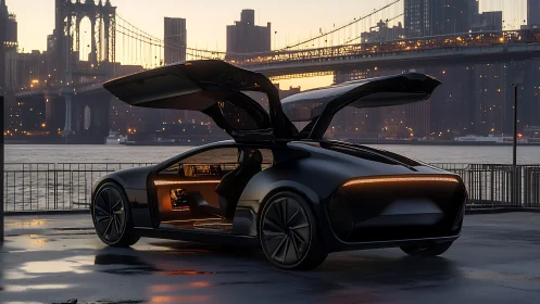 Electric gullwing concept coupe under bridge at dusk, interior illuminated