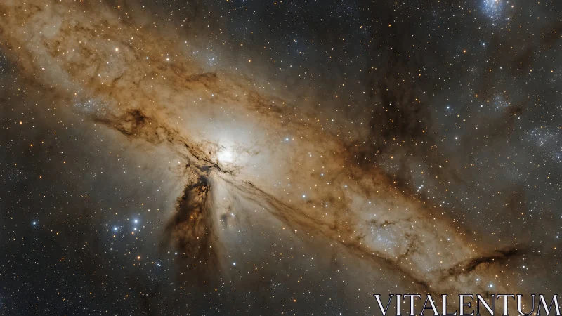 Swirling galactic core and dust lanes in rich starfield.