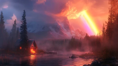 Cabin burns under radiant mountain storm and rainbow sky.
