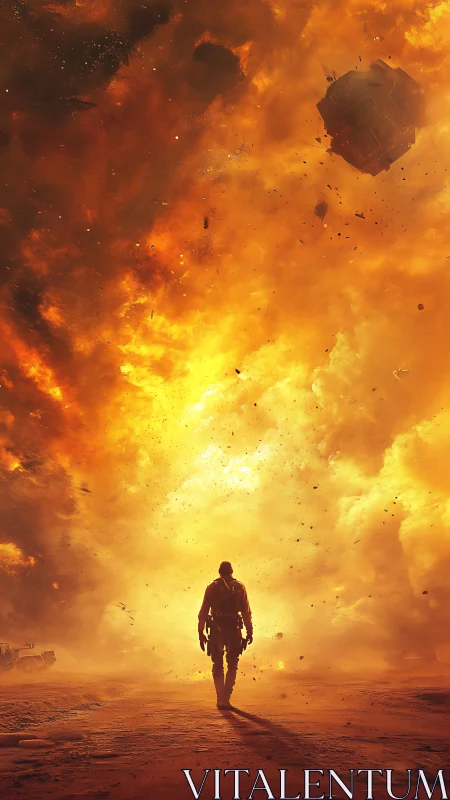 Silhouette soldier walks toward massive fiery explosion