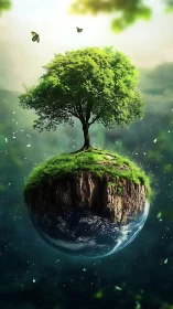 Floating earth island supports luminous green life tree.