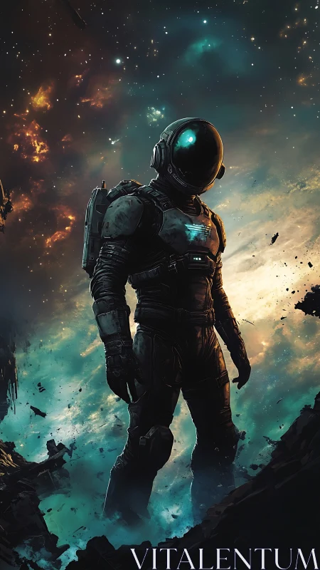 Starlit explorer pauses in glowing nebula dust and drifting ruins