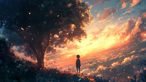 Child stands under glowing tree before vast sunset sky