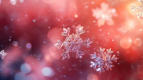 Macro crystalline snowflakes in bokeh-suffused red field.